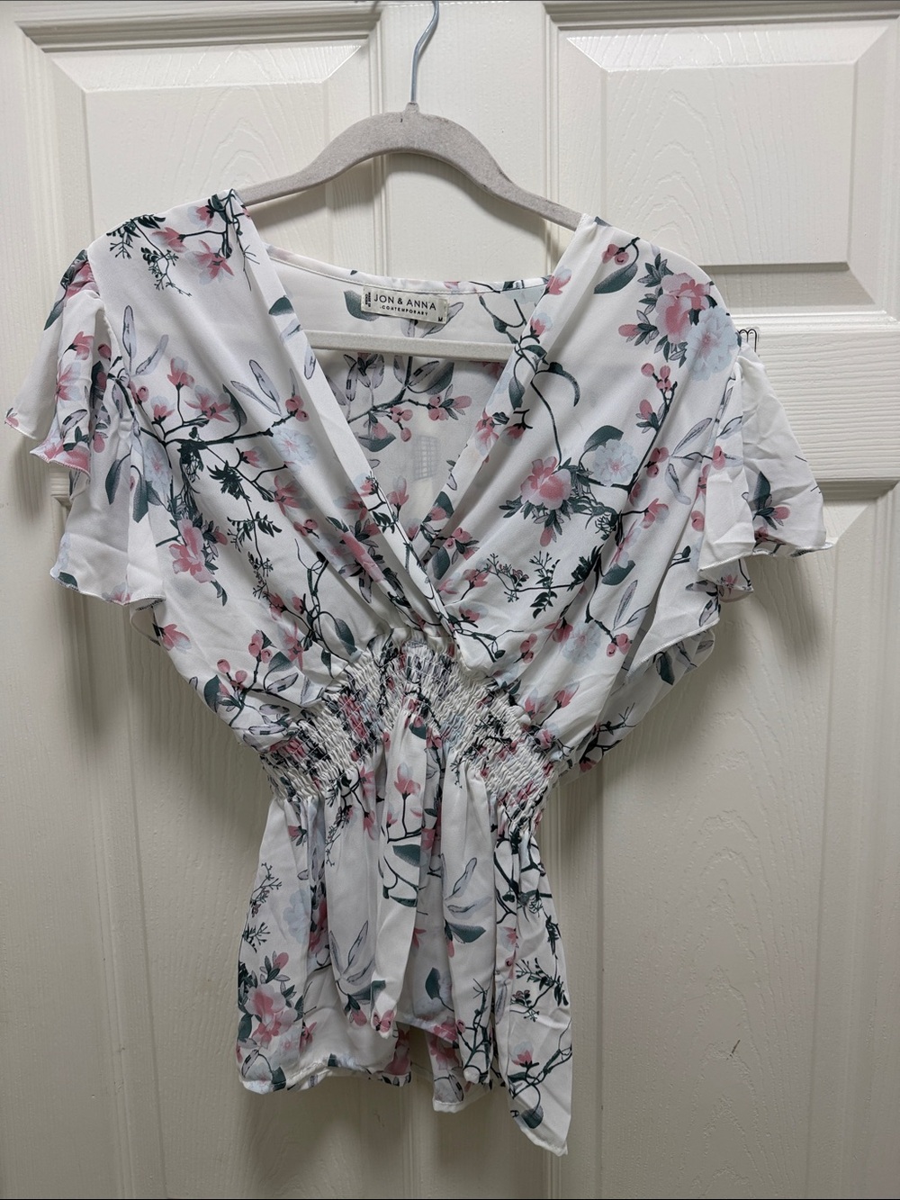 Jon & Anna White Floral Wrap-Style Blouse with Pink & Green Accents